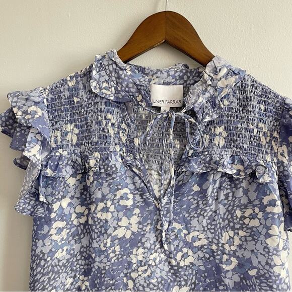 Gilner Farrar | Womens Sienna Top Blouse Blue Meadow Smocked Tie Neck Ruffles XS - Picture 4 of 9